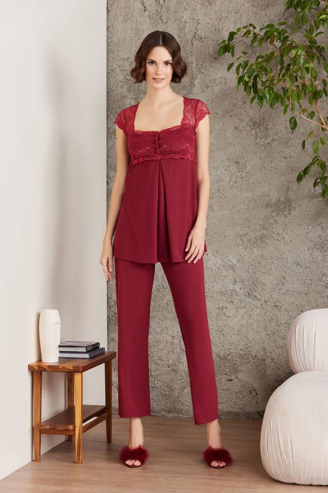 Pierre Cardin Dantelli Penye 3'lü Kadın Lohusa Pijama Takımı - 2805 Bordo - 2