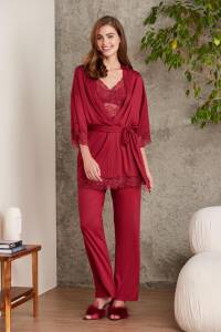 Pierre Cardin Dantelli Penye 3'lü Kadın Pijama Takımı - 2810 Bordo - 1