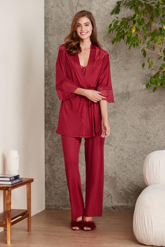 Pierre Cardin Dantelli Penye 3'lü Kadın Pijama Takımı - 2820 Bordo - 2