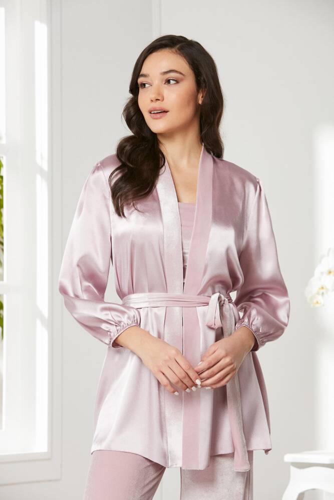 Pierre Cardin Kadife Saten 3'lü Kadın Crop'lu Pijama Takımı - 2050 Rose - 1