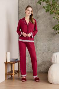 Pierre Cardin Penye Biyeli - Dantelli Pijama Takımı - 2200 Bordo - 1