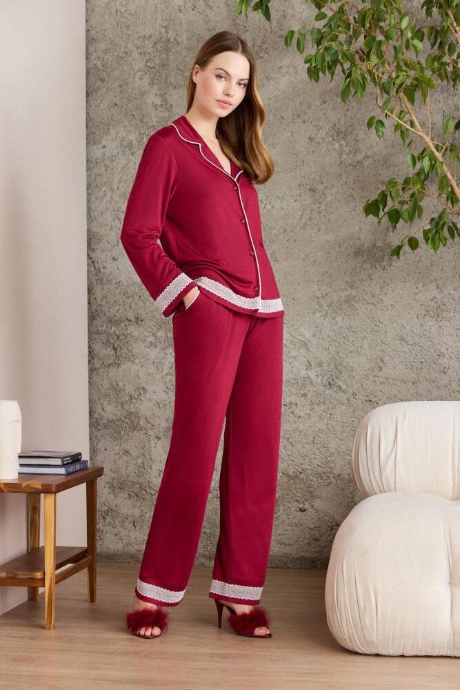 Pierre Cardin Penye Biyeli - Dantelli Pijama Takımı - 2200 Bordo - 2