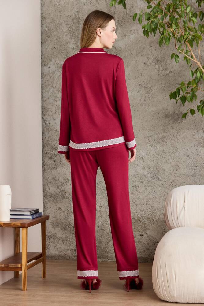 Pierre Cardin Penye Biyeli - Dantelli Pijama Takımı - 2200 Bordo - 4