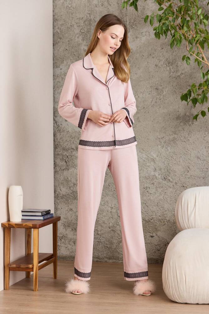 Pierre Cardin Penye Biyeli - Dantelli Pijama Takımı - 2200 Pudra - 1