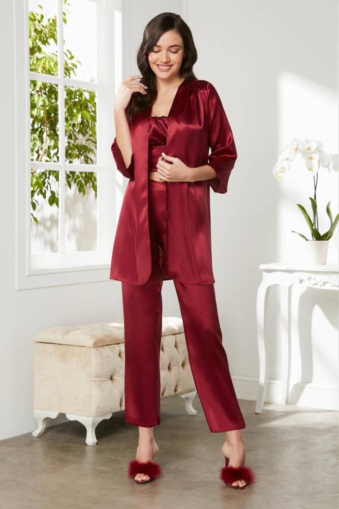 Pierre Cardin Saten 3'lü Kadın Pijama Takımı - 2075 Bordo - 2