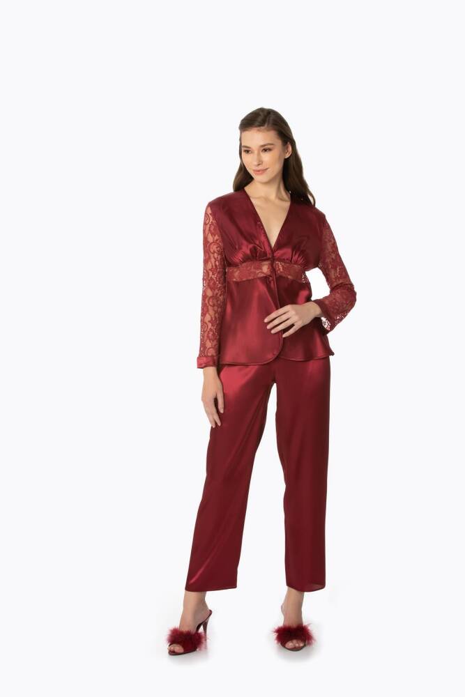 Pierre Cardin Saten Dantelli Pijama Takımı - 1121 Bordo - 1