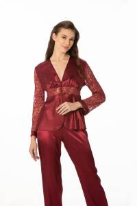 Pierre Cardin Saten Dantelli Pijama Takımı - 1121 Bordo - 2