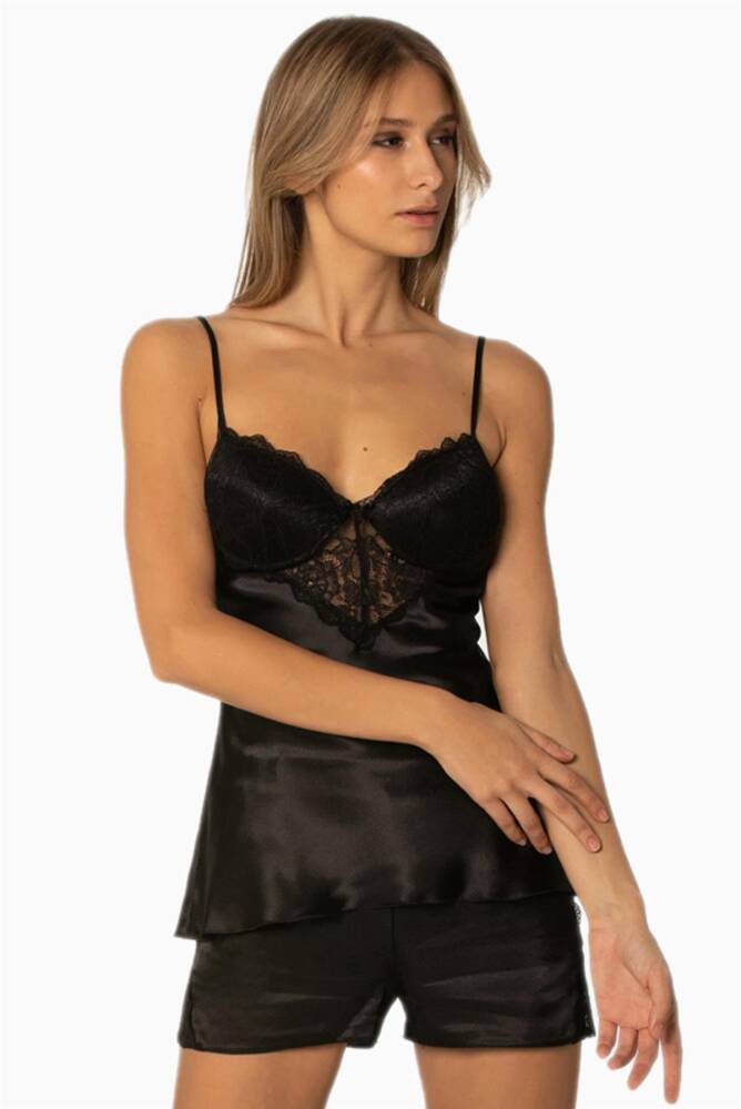 Saten Dantelli Şort - Babydoll Takım - 425 Siyah - 1