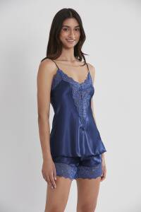 Pierre Cardin Saten Dantelli Şort - Babydoll Takım - 430 Lacivert - 1