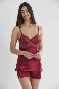 Pierre Cardin Saten Dantelli Şort - Babydoll Takım - 415 Bordo - 1