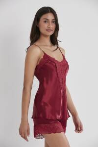 Pierre Cardin Saten Dantelli Şort - Babydoll Takım - 430 Bordo - 1