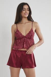 Pierre Cardin Saten Dantelli Şort - Babydoll Takım - 450 Bordo - 1