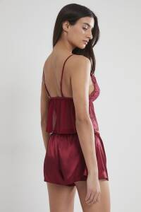 Pierre Cardin Saten Dantelli Şort - Babydoll Takım - 450 Bordo - 4