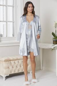 Pierre Cardin Saten Gecelik Sabahlık Pijama Takım Şort Takım 6'lı Gelin Çeyiz Seti - 6015 Mist - 2