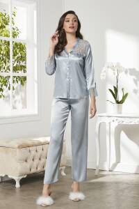 Pierre Cardin Saten Gecelik Sabahlık Pijama Takım Şort Takım 6'lı Gelin Çeyiz Seti - 6625 Mist - 6